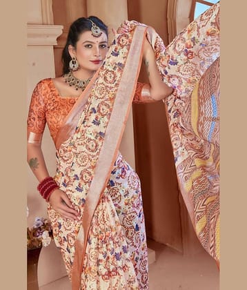 VTEXX Cotton Printed Saree With Unstitched Blouse Piece ( Grey )