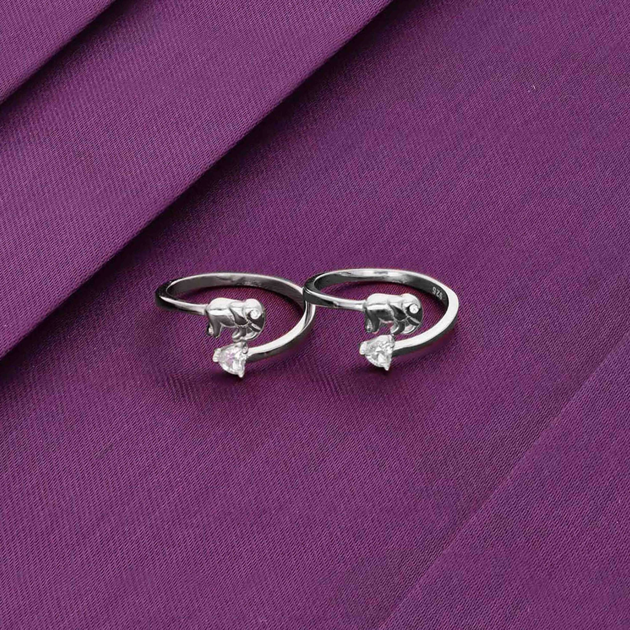 Sterling Silver Elephant Solitaire Toe Rings-White Stone / Silver