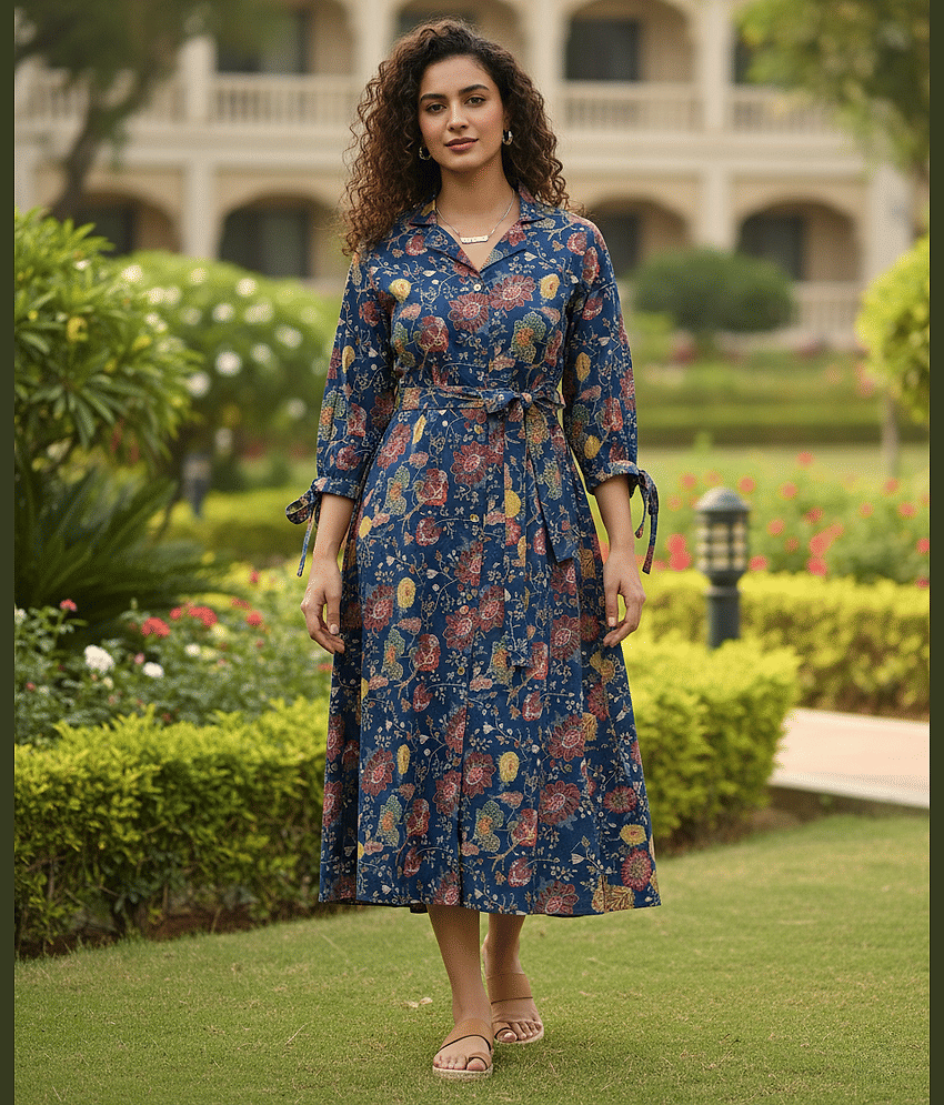 Wonder Weaves Women Cotton Printed Ethnic Dress ( Teal )