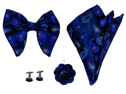 Voici Men's Bow Tie cufflink lapel pin and Powcket Square Combo Satin Microfiber Blue Color Free Size -  Blue Flower