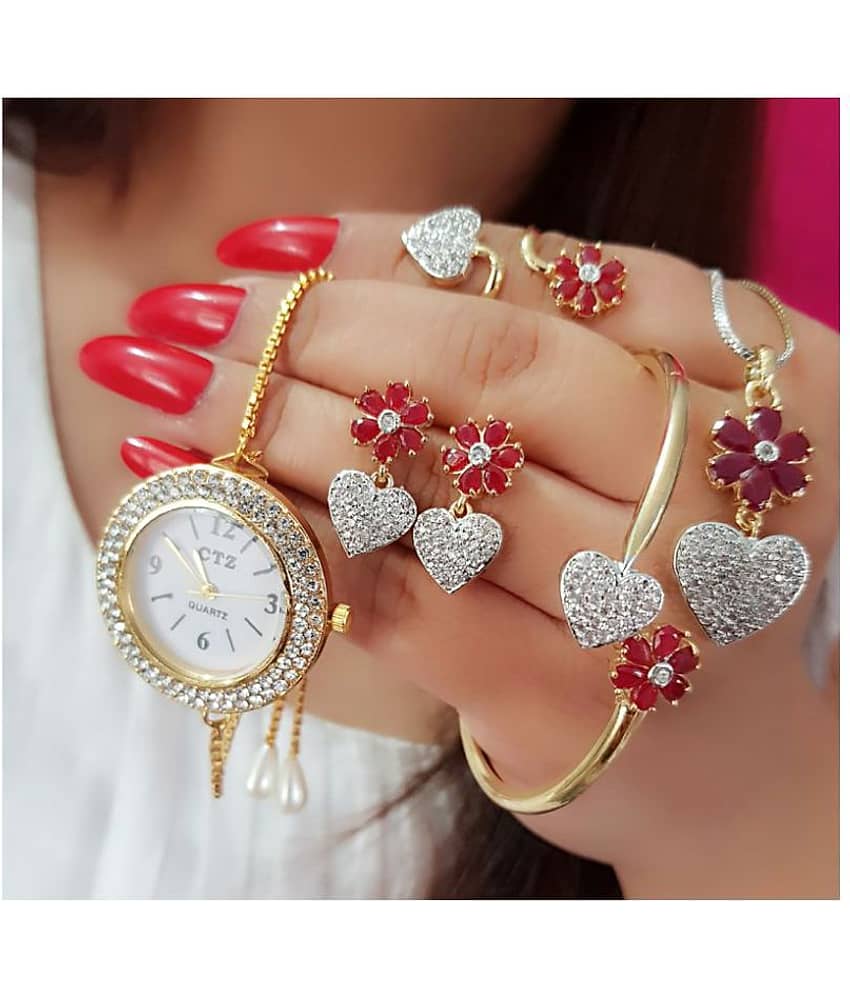 Navya Collections American Diamond Studded Heart Shape Pendant Set for Woman/Girls