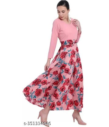 Raabta Fashion Women Crepe Printed Fit & Flare Dress ( Peach )