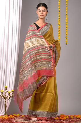 CHANDERI SILK BAGRU PRINT SAREE WITH ZARI BORDER