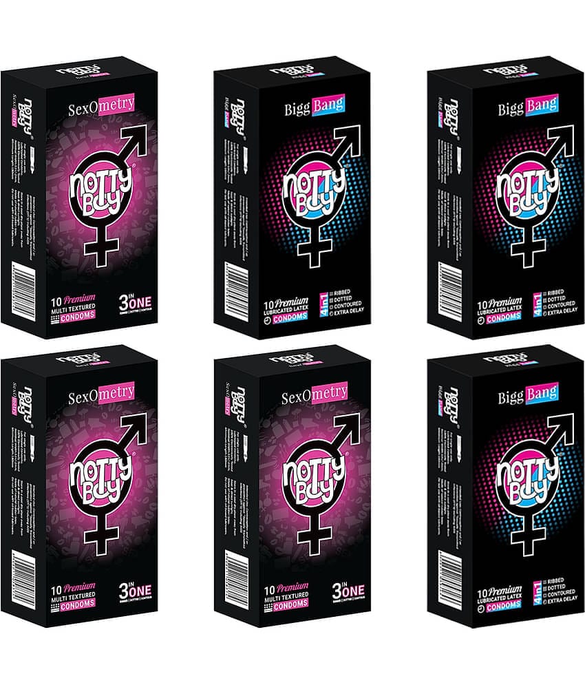 NottyBoy 3 IN 1 & 4 IN 1, Dotted, Ribbed, Long Lasting, Contour Condoms For Men - 60 Units