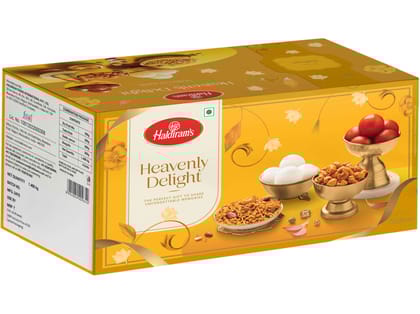 Haldiram's Heavenly Delight Gift Hamper - 500g of Syrupy Gulab Jamun 500g of Soft, Rasgulla, 200g of Dry Fruit Mix & 200g of crunchy Tasty Nuts Haldiram's Heavenly Delight Gift Hamper - 500g of Syrupy Gulab Jamun 500g of Soft, Rasgulla, 200g of Dry Fruit Mix & 200g of crunchy Tasty Nuts
