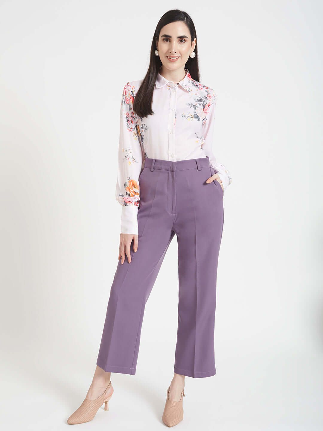 Luxury  Satin Digital Print Puff Sleeve Shirt With Deep Purple Flared Fit Trouser-M / 28