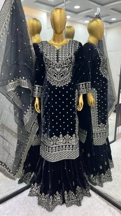 Ethenika Silver Thread Embroidery work Reasdy to wear Velvet Kurti Sharar Set-M(38)