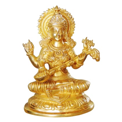 Brass Saraswati Ji Idol with Stone Finish - Artistic Decorative Murti, Height : 8 Inch (BSMAS1025 S)