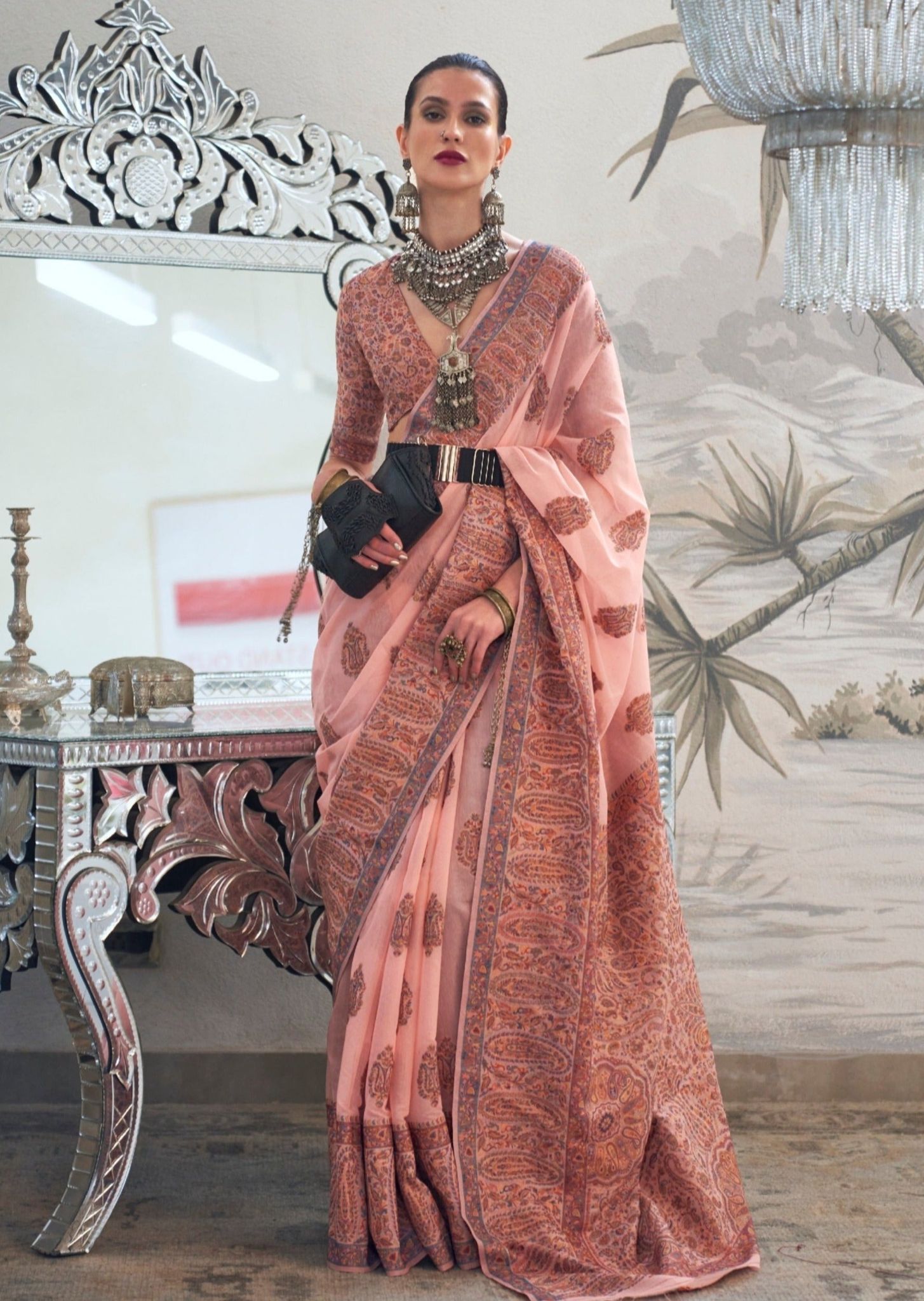 Peach Kashmiri Jamewar Handloom Saree With Blouse