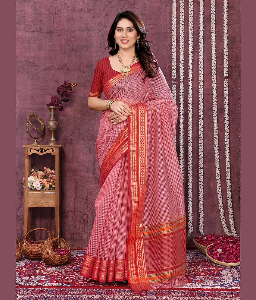 Sidhidata Cotton Blend Checks Saree With Unstitched Blouse Piece ( Cream )