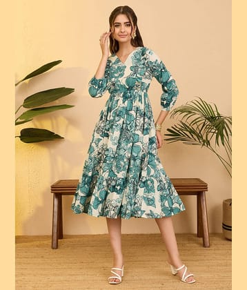 Janasya Women Cotton Printed Fit & Flare Dress ( Off White )