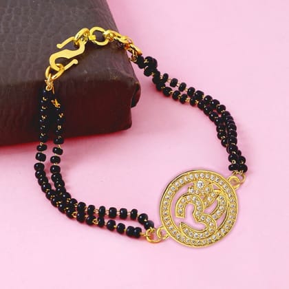 Aum Om 18K Gold Cubic Zirconia American Diamond Adjustable Hand Wrist Mangalsutra Bracelet Women-Gold
