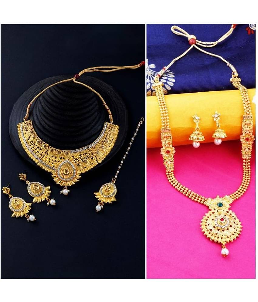 N M CREATION Alloy Golden Choker Traditional Gold Plated Necklace set Combo