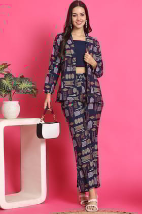 Navy Blue Color Abstract Printed Premuim Chanderi Co-ord Set-S