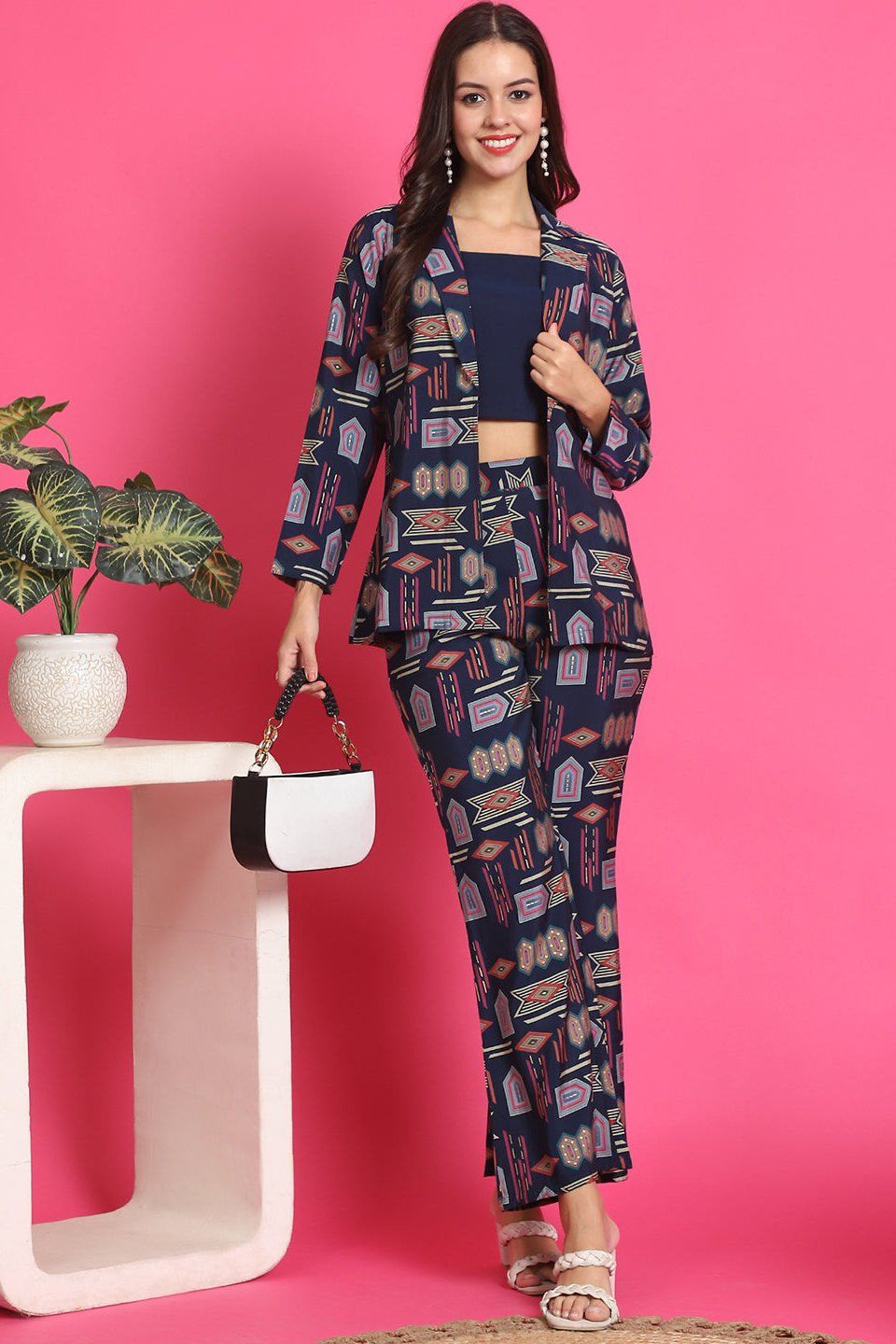 Navy Blue Color Abstract Printed Premuim Chanderi Co-ord Set-S