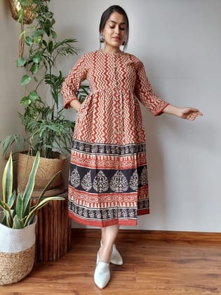 Masterful Blockprinted Cotton Red Long Dress-36(S)