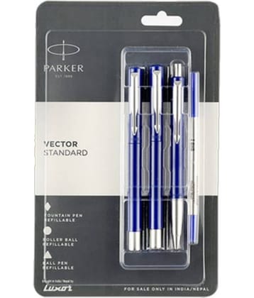 Parker Vector Standard Blue CT Fountain Pen, Rollerball Pen & Ball Pen Set