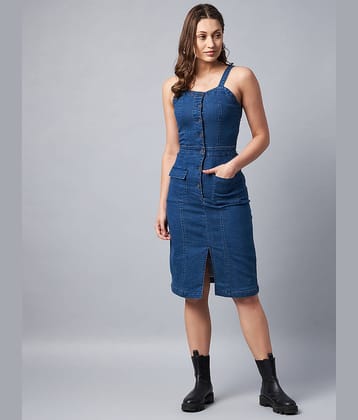 StyleStone Women Denim Solid Bodycon Dress ( Navy Blue )