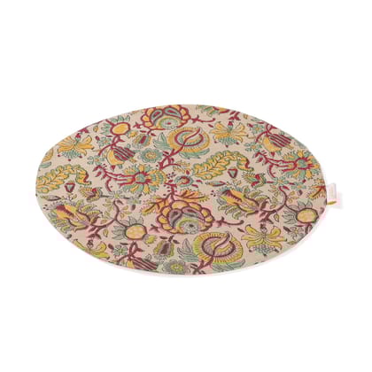 Block Print Table Mat Beige Green & Red - 12"-12 Inches / Beige / Red/ Yellow / Green / 100% Cotton