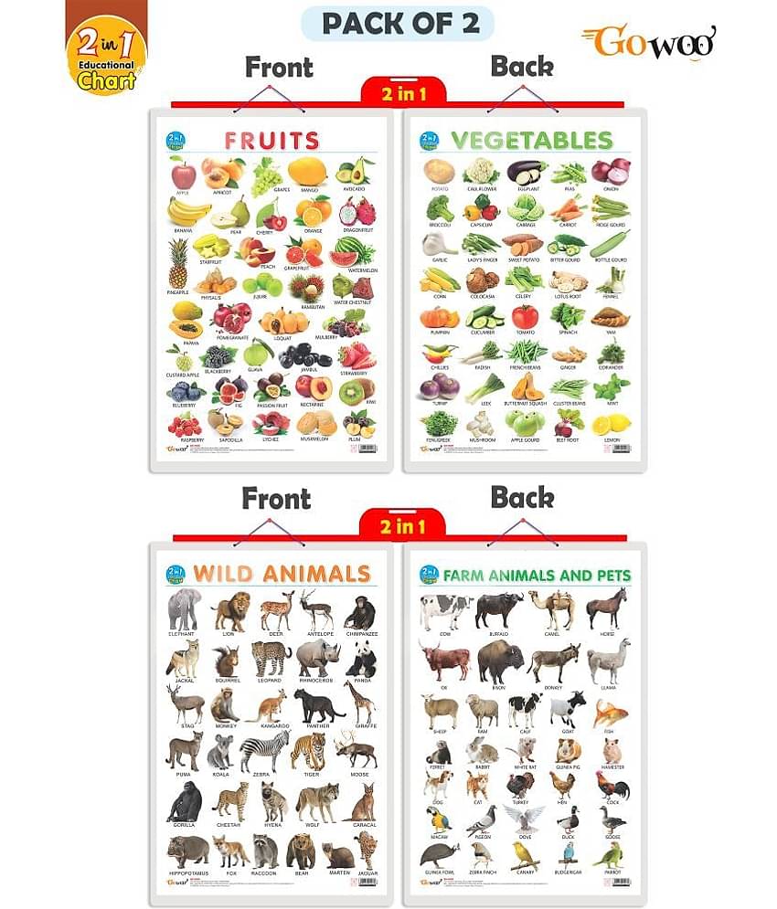 Set of 2 | 2 IN 1 FRUITS AND VEGETABLES and 2 IN 1 WILD AND FARM ANIMALS & PETS Early Learning Educational Charts for Kids | 20"X30" inch |Non-Tearable and Waterproof | Double Sided Laminated | Perfect for Homeschooling, Kindergarten and Nursery Students