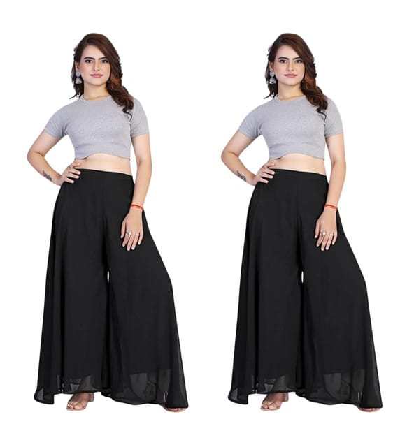 Generic Women's Georgette Solid High-Rise Wide Leg Flared Palazzo Pants with Elastic Waist, Ankle Length Trousers for Daily, Office and Casual Wear (Black, XL, Pack of 2, Design 67541)