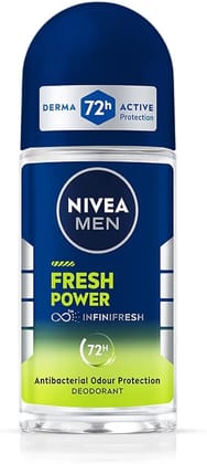 NIVEA Men Fresh Power Underarm Roll-On Deodorant|72 H Long Lasting Freshness|Fights Bacteria And Body Odour|Fresh Musk Fragrance|0% Alcohol|Dermatologically Approved & Paraben Free Formula|50Ml