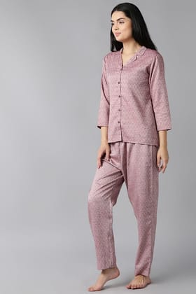 Mauve Pure Cotton Checks Print Night Suit VNWK1009