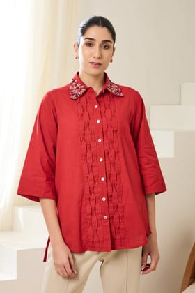 CHINTZ SEQUINED LINEN SHIRT-Red / COTTON LINEN / XXS