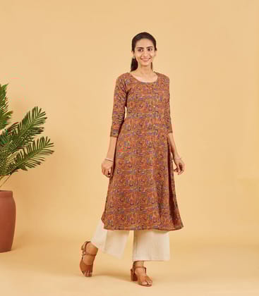 Earthy Brown Printed Cotton Kurta-L / Brown