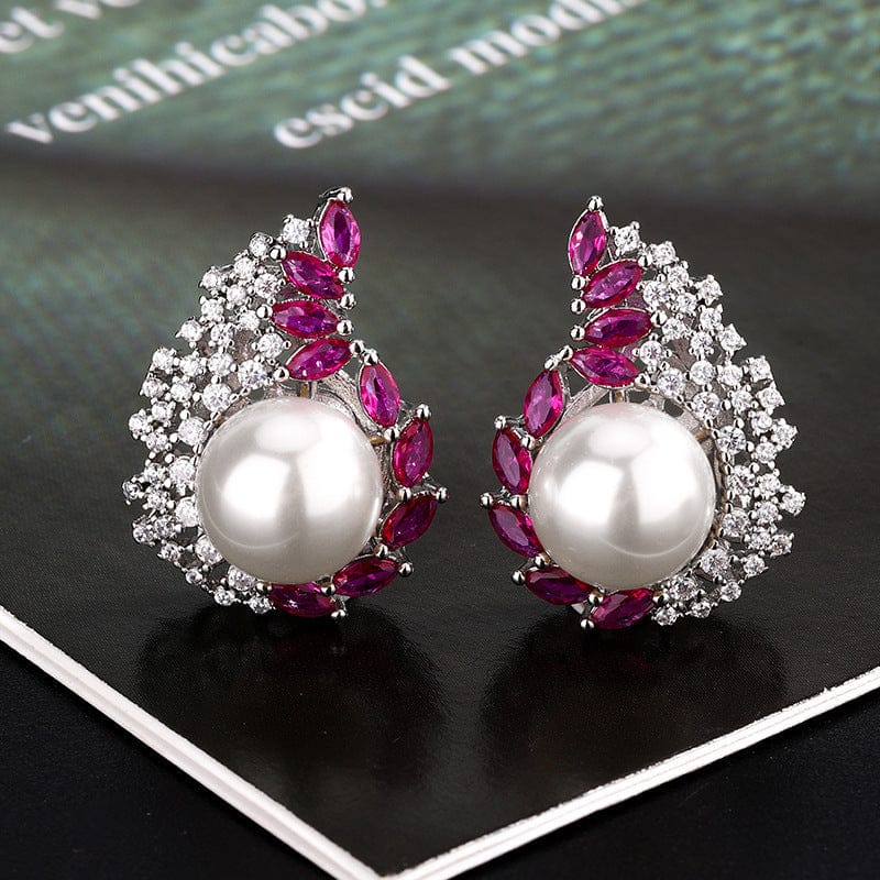 Tear Drop Pink Blue Silver Cubic Zirconia Pearl Anti Tarnish Stud Earring For Women-Pink