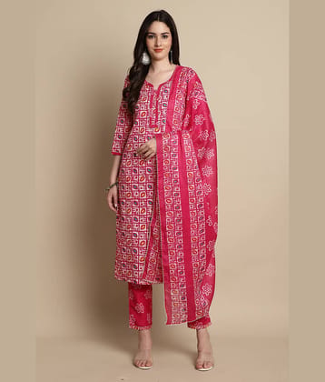 Rajnandini Cotton Blend Printed Kurti With Pants Women's Stitched Salwar Suit - Pink ( Pack of 1 )