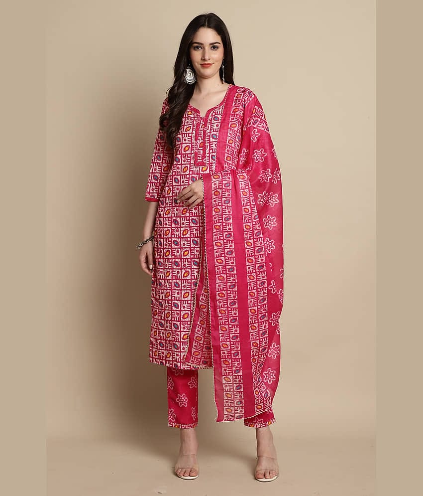 Rajnandini Cotton Blend Printed Kurti With Pants Women's Stitched Salwar Suit - Pink ( Pack of 1 )