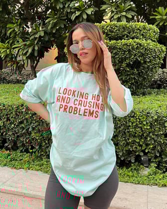 Looking Hot Oversized Tee | Beige Unisex Cotton Streetwear-Light Blue / S