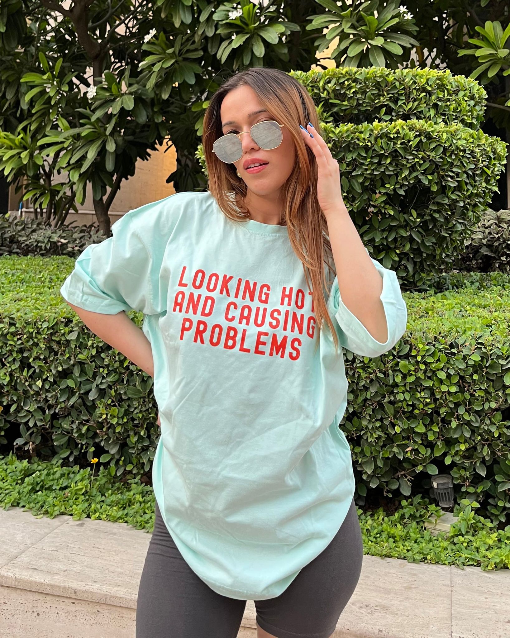 Looking Hot Oversized Tee | Beige Unisex Cotton Streetwear-Light Blue / S
