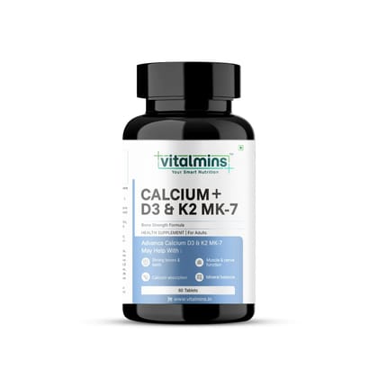 Vitalmins | Your Smart Nutrition | Calcium+ D3 & K2 MK-7 | Bone Strength Formula | Strong Bones & Teeth | Calcium Absorption | Muscle & Nerve Function | Mineral Balance | Health Supplement for Adults | 60 Veg Tablets