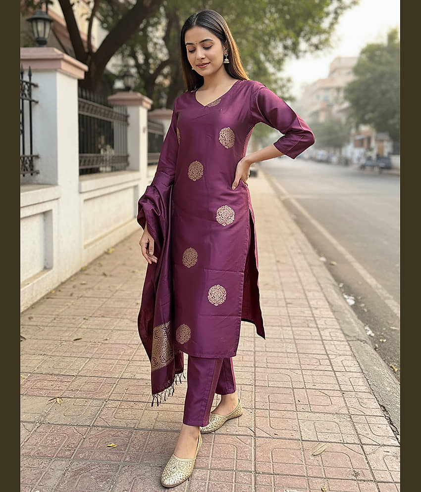 kedar fab Women Silk Blend Self Design Straight Kurti With Pants ( Purple )