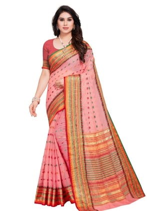 Generic Women's Kota Doria Cotton Woven Butta Saree With Blouse (Pink, 5-6  Mtr)
