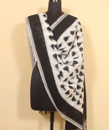 Offwhite black handwoven pochampally ikat cotton dupatta