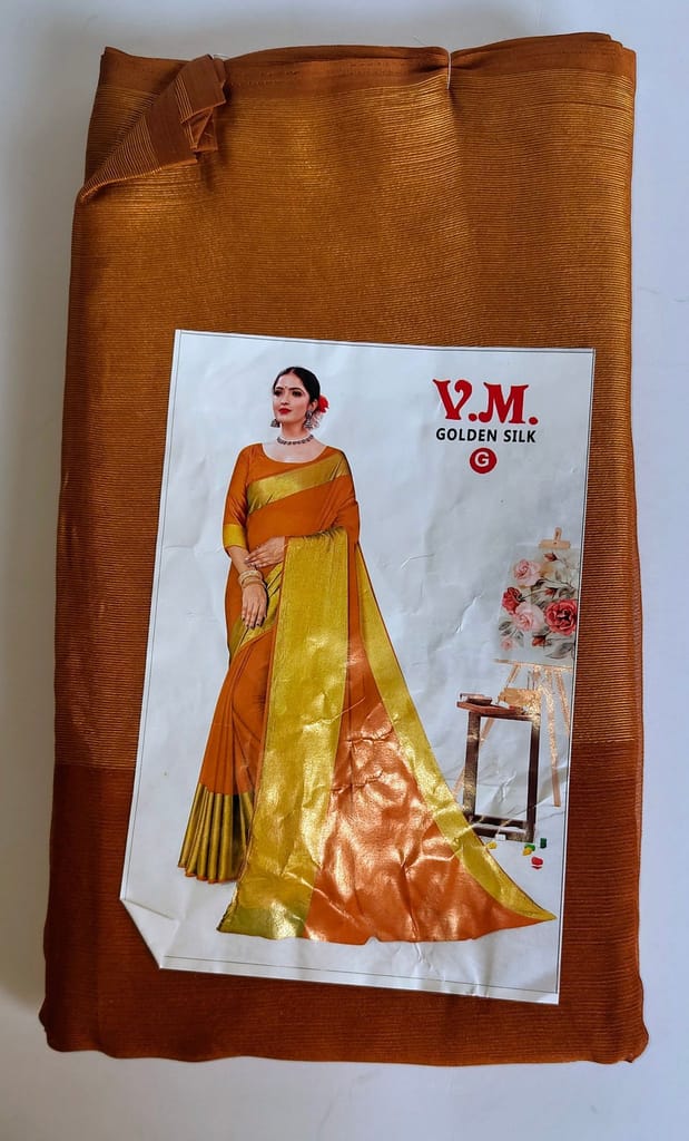 V.M. Golden Silk Saree With Blouse Piece, Festive Wear, Party Wear, Wedding Wear, Traditional Saree