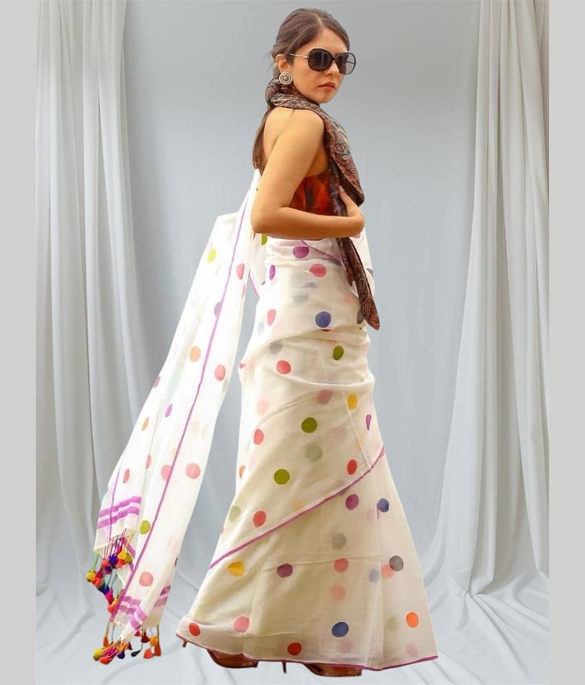 SARADA HANDLOOM Cotton Printed Saree With Unstitched Blouse Piece ( White )
