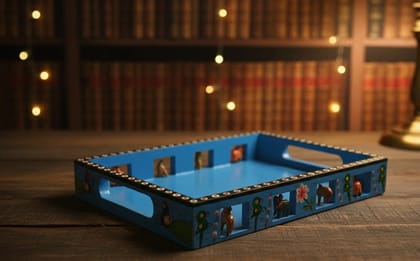 Icrafts Home Décor Exclusive Handmade Wooden Blue Big Tray – Single Piece (L: 33.02 cm × B: 25.4 cm × H: 10.16 cm, Weight: 750 g)
