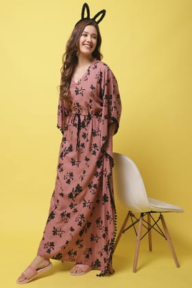 Rust Color Floral Printed Rayon Kaftan-ONESIZE