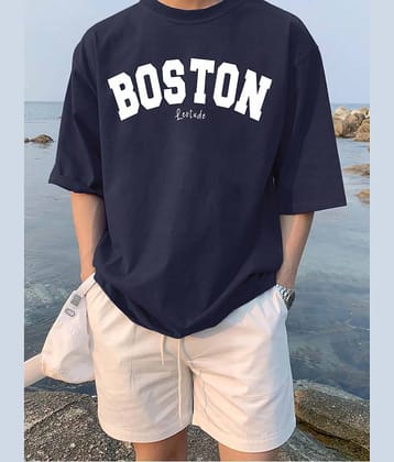 Leotude Men Cotton Blend Oversized Fit Printed T-Shirt ( Navy Blue )