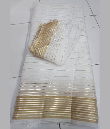 BYUPRI Cotton Silk Striped Saree With Unstitched Blouse Piece ( White )
