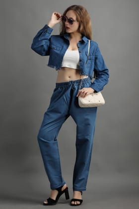 Denim Cropped Jacket with Pants Set-L / L / Blue