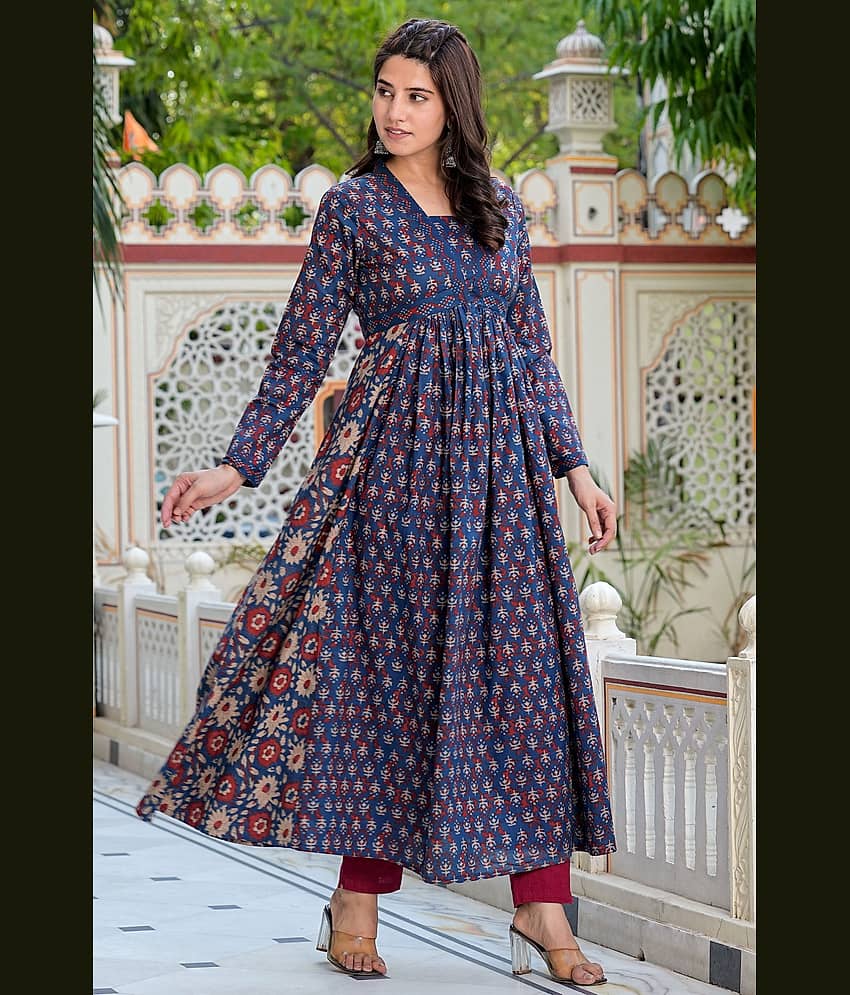 Vbuyz Cotton Printed Anarkali Women's Kurti - Blue ( Pack of 1 )