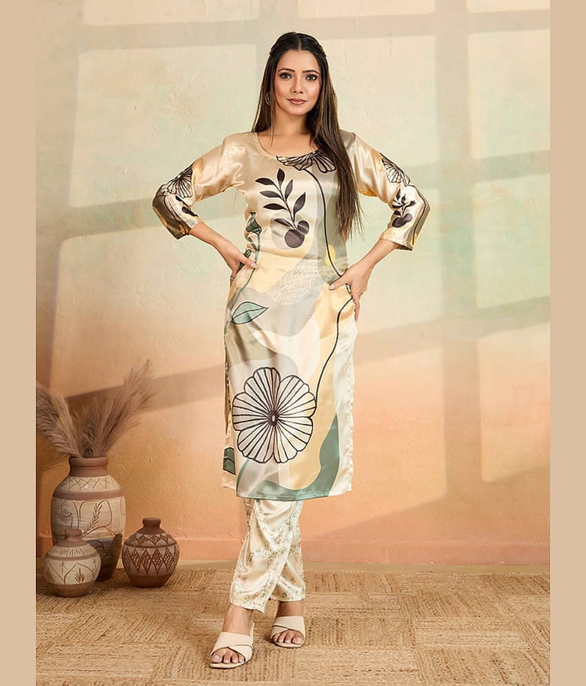 Women Basket Women Rayon Printed Straight Kurti With Pants ( Beige )