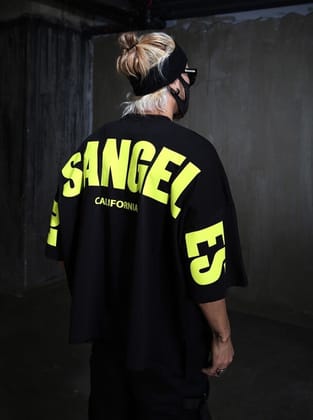 Men's Back Printed Los Angel Oversized Black T-shirt-Small