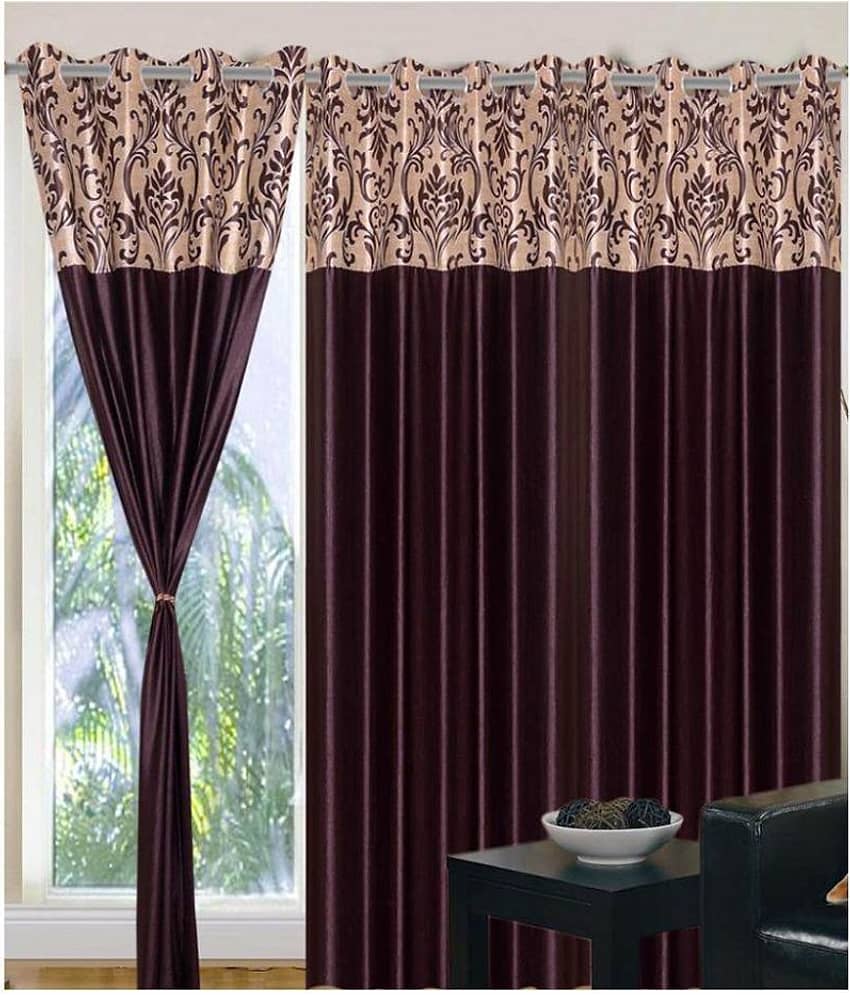 Panipat Textile Hub Floral Semi-Transparent Eyelet Door Curtain 7 ft Pack of 2 -Brown