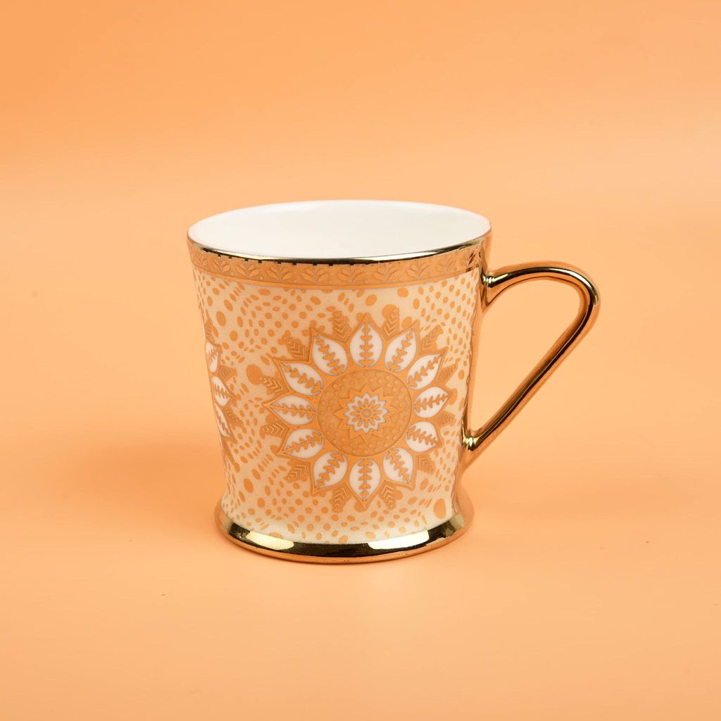 Femora Lotus Pattern with Golden Handle Golden Tea Mugs, Ceramic Tea Cups, Coffee Mugs (180 ml, Golden) - 6 Pcs Set